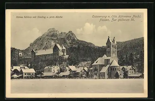 AK Füssen, Hohes Schloss mit Säuling und prot. Kirche