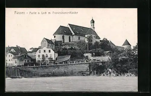 AK Füssen, Partie am Lech mit Franziskaner-Kloster