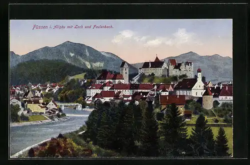 AK Füssen /Allgäu, Ortschaft mit Lech und Faulenbach