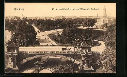 AK Hamburg-St.Pauli, Kersten-Miles-Brücke und Bismarck-Denkmal