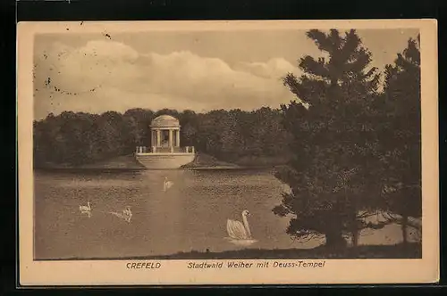 AK Crefeld, Stadtwald, Weiher mit Deuss-Tempel, Schwan