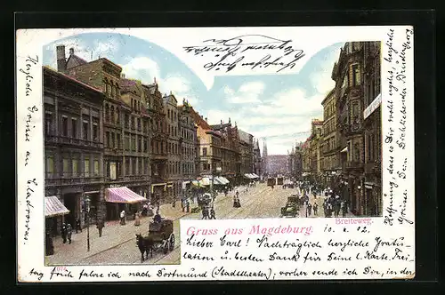 AK Magdeburg, Strasse Breiteweg mit Geschäften und Strassenbahn