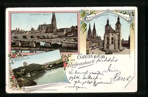 AK Regensburg, Neupfarrkirche und Dom, Kehlheim und Befreiungshalle, Steinerne Brücke