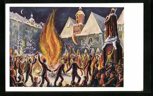 Künstler-AK Jena, Markt mit Marktfeuer in der Sylvesternacht