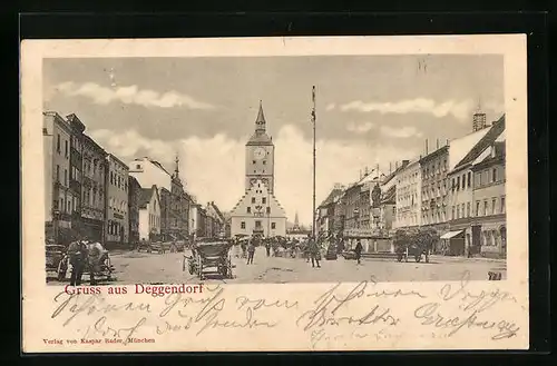 AK Deggendorf, Strassenpartie mit Geschäften und Denkmal