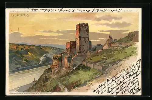 Künstler-AK Gutenfels, Ruine und Eisenbahn