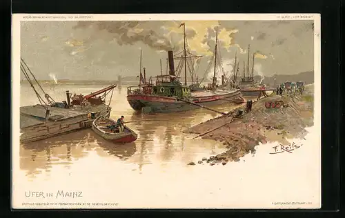 Künstler-AK Mainz, Uferpartie mit Dampfboot