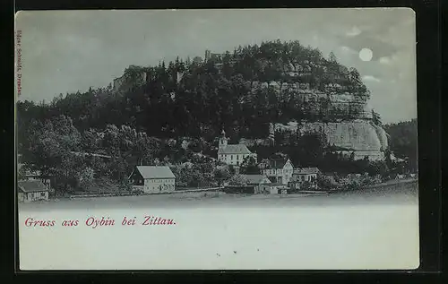 Mondschein-AK Oybin bei Zittau, Ortspartie