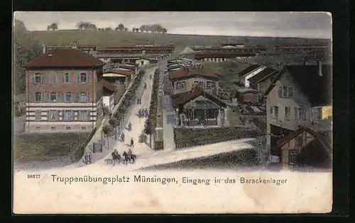 AK Münsingen, Truppenübungsplatz, Eingang in das Barackenlager