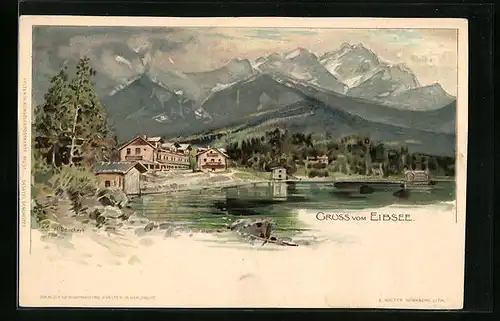 Künstler-AK Eibsee, Uferpartie mit Bergen