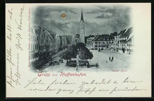 Mondschein-AK Pfaffenhofen, Marktplatz mit Kirche