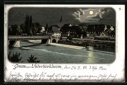 Mondschein-Lithographie Untertürkheim, Ortsansicht mit Brücke und Kirchturm