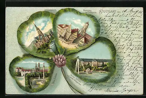 Passepartout-Lithographie Stuttgart, Johanneskirche, Marktplatz, Schloss