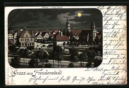 Mondschein-Lithographie Freudenstadt, Postamt und evangelische Kirche