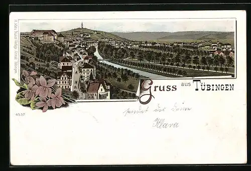 Lithographie Tübingen, Totalansicht mit Flusspartie