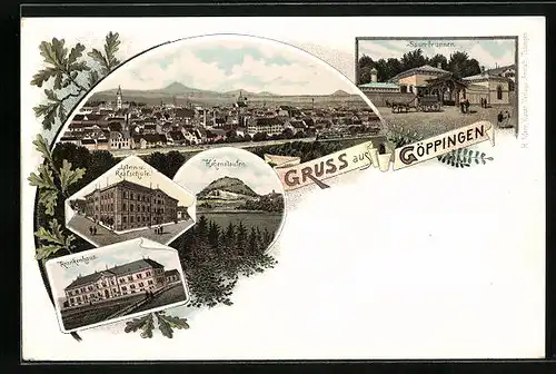 Lithographie Göppingen, Totalansicht, Sauerbrunnen, Hohenstaufen, Krankenhaus