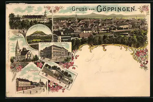 Lithographie Göppingen, Totalansicht, Schloss, Heilanstalt, Sauerbrunnen