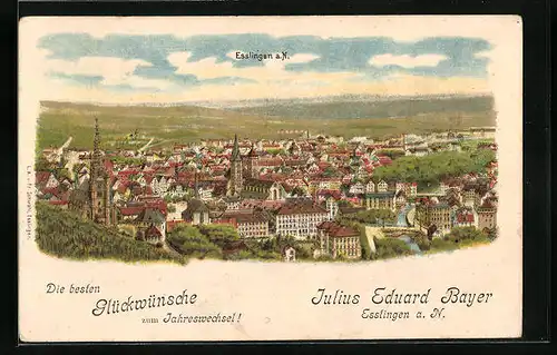 Lithographie Esslingen a. Neckar, Totalansicht mit Kirche