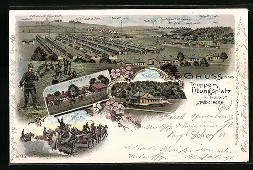 Lithographie Hardt / Münsingen, Truppenübungsplatz mit Casino