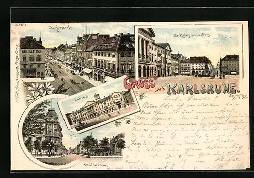 Lithographie Karlsruhe, Marktplatz mit Rathaus, Kaiserstrasse, Hotel Germann