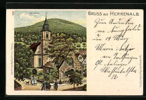 Lithographie Herrenalb, Ortspartie mit Kirche