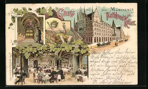 Lithographie München, Rathauskeller, Innen- und Aussenansicht