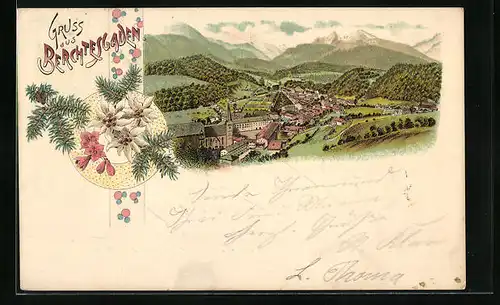 Lithographie Berchtesgaden, Totalansicht mit Kirche