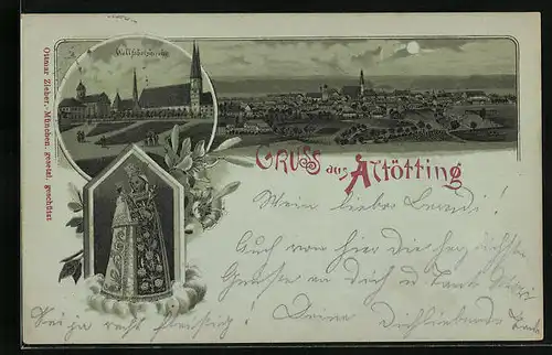 Mondschein-Lithographie Altötting, Totalansicht mit Wallfahrtskirche