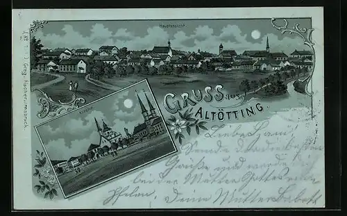 Mondschein-Lithographie Altötting, Totalansicht mit Kirche