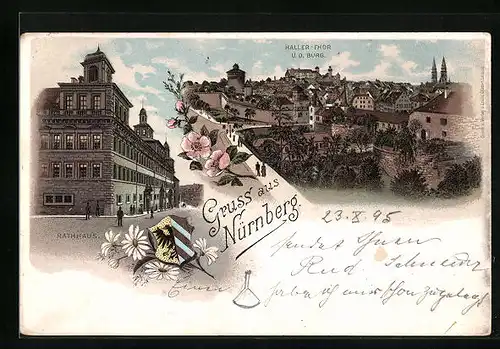 Vorläufer-Lithographie Nürnberg, 1895, Haller-Tor u. d. Burg, Rathaus