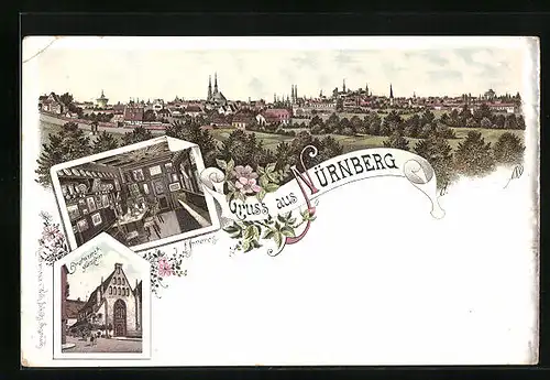 Lithographie Nürnberg, Gasthaus Bratwurstglöcklein, Innenansicht, Teilansicht