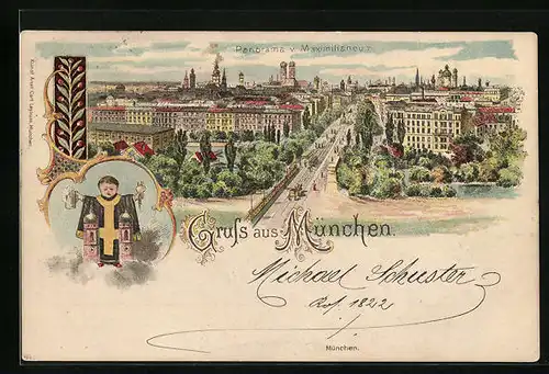 Lithographie München, Panorama vom Maximilianeum, Münchner Kindl mit Bierkrug