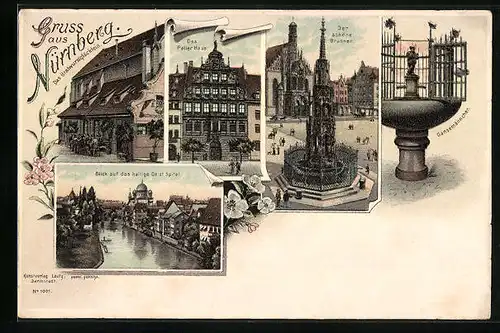 Lithographie Nürnberg, Das Peller Haus, Der schöne Brunnen, Gänsemännchen