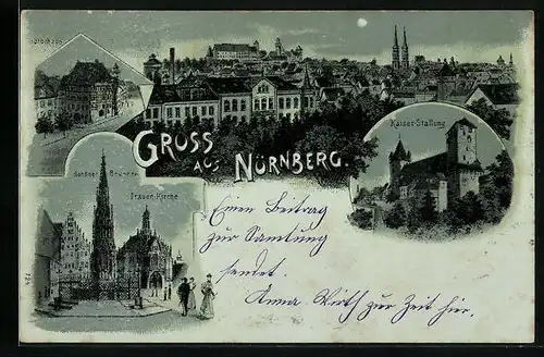 Mondschein-Lithographie Nürnberg, Dürerhaus, Kaiser-Stallung, Schöner Brunnen und Frauen-Kirche