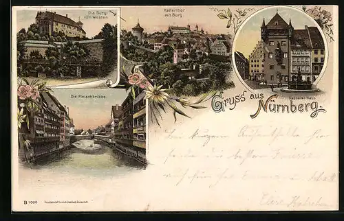 Lithographie Nürnberg, Hallertor mit Burg, Nassauer Haus, Die Fleischbrücke