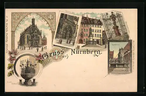 Lithographie Nürnberg, Frauen-Kirche, Gänsemännchen, Tugendbrunnen