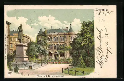 Künstler-AK Chemnitz, Börse mit Beckerdenkmal