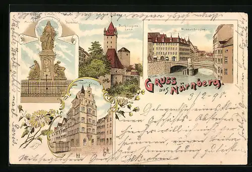 Lithographie Nürnberg, Museumbrücke, Burg Luginsland, Toppler-Haus