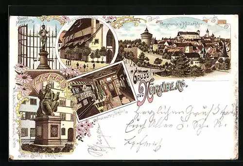 Lithographie Nürnberg, Gasthaus Bratwurstglöcklein, Innenansicht, Hans Sachs Denkmal