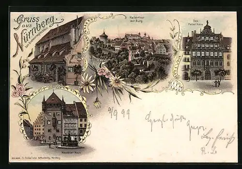 Lithographie Nürnberg, Gasthaus Bratwurstgläcllein, Nassauer Haus, Das Peller Haus