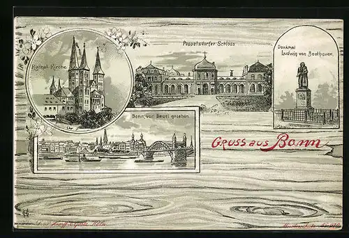 Lithographie Bonn, Katholische Kirche, Poppelsdorfer Schloss, Denkmal Ludwig von Beethoven