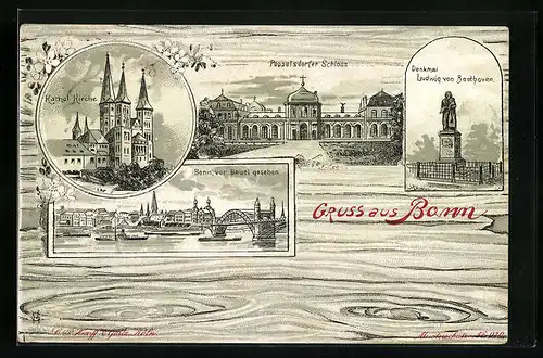 Lithographie Bonn, Katholische Kirche, Poppelsdorfer Schloss, Denkmal Ludwig von Beethoven