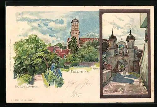 Lithographie Dillingen, Im Lustgarten, Am Schloss