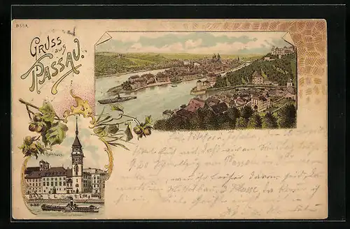 Lithographie Passau, Ortsansicht aus der Vogelschau, Rathaus, Haselnuss-Zweig