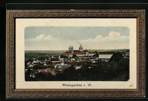 Präge-AK Weingarten i. W., Ortsansicht aus der Vogelschau, im Rahmen