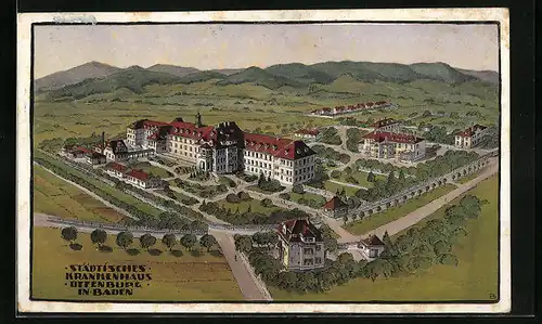 Künstler-AK Offenburg /Baden, Städtisches Krankenhaus aus der Vogelschau