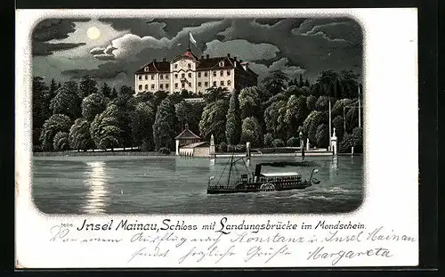 Lithographie Insel Mainau, Schloss mit Landungsbrücken und Dampfer im Mondschein