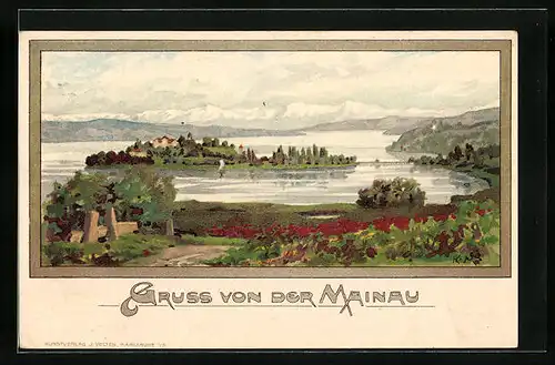 Lithographie Insel Mainau, Ortsansicht vom Ufer aus
