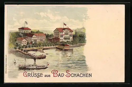 Lithographie Bad Schachen, Ortsansicht mit Dampfer und Hotels