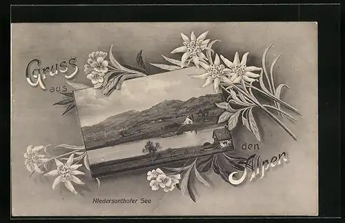 Künstler-AK Sonthofen, Niedersonthofer See mit Bergen, Edelweisszweige